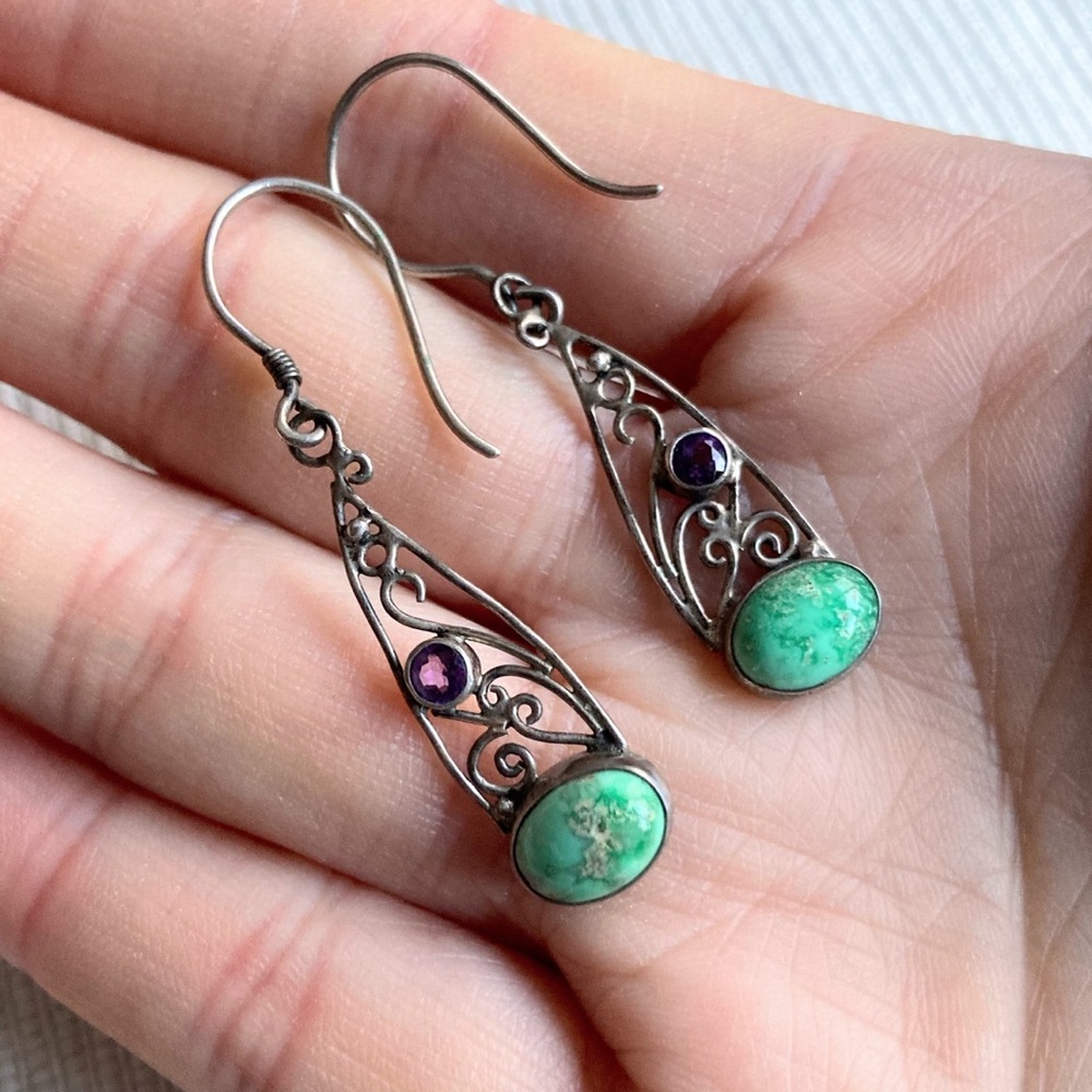 Vintage Silver Filigree and Turquoise Amethyst Dangling Earrings